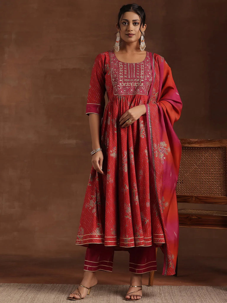 Libas Red Printed Silk Blend Anarkali Suit With Dupatta
