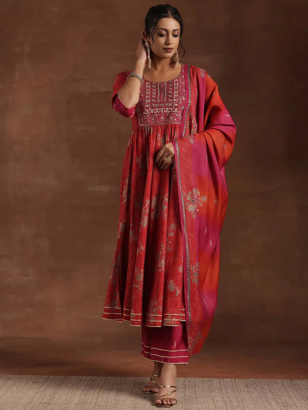  Red Printed Silk Blend Anarkali Suit With Dupatta 