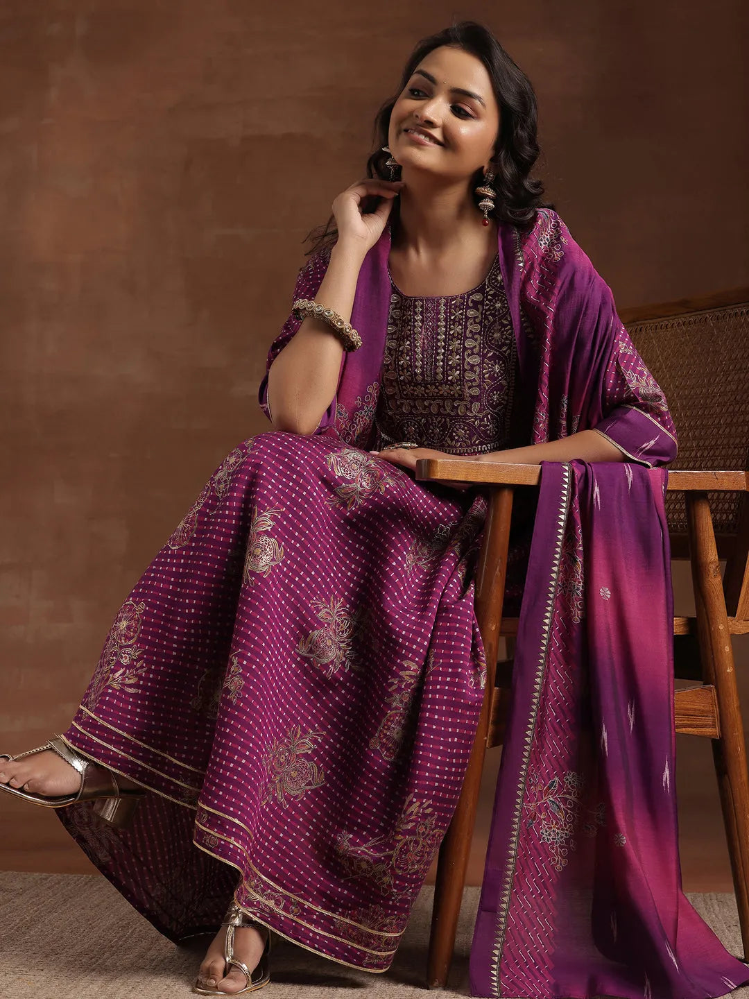 Purple Printed Silk Blend Anarkali Suit With Dupatta 