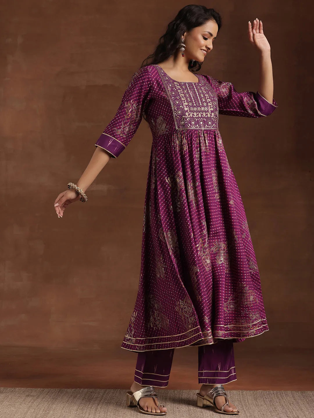  Purple Printed Silk Blend Anarkali Suit With Dupatta 