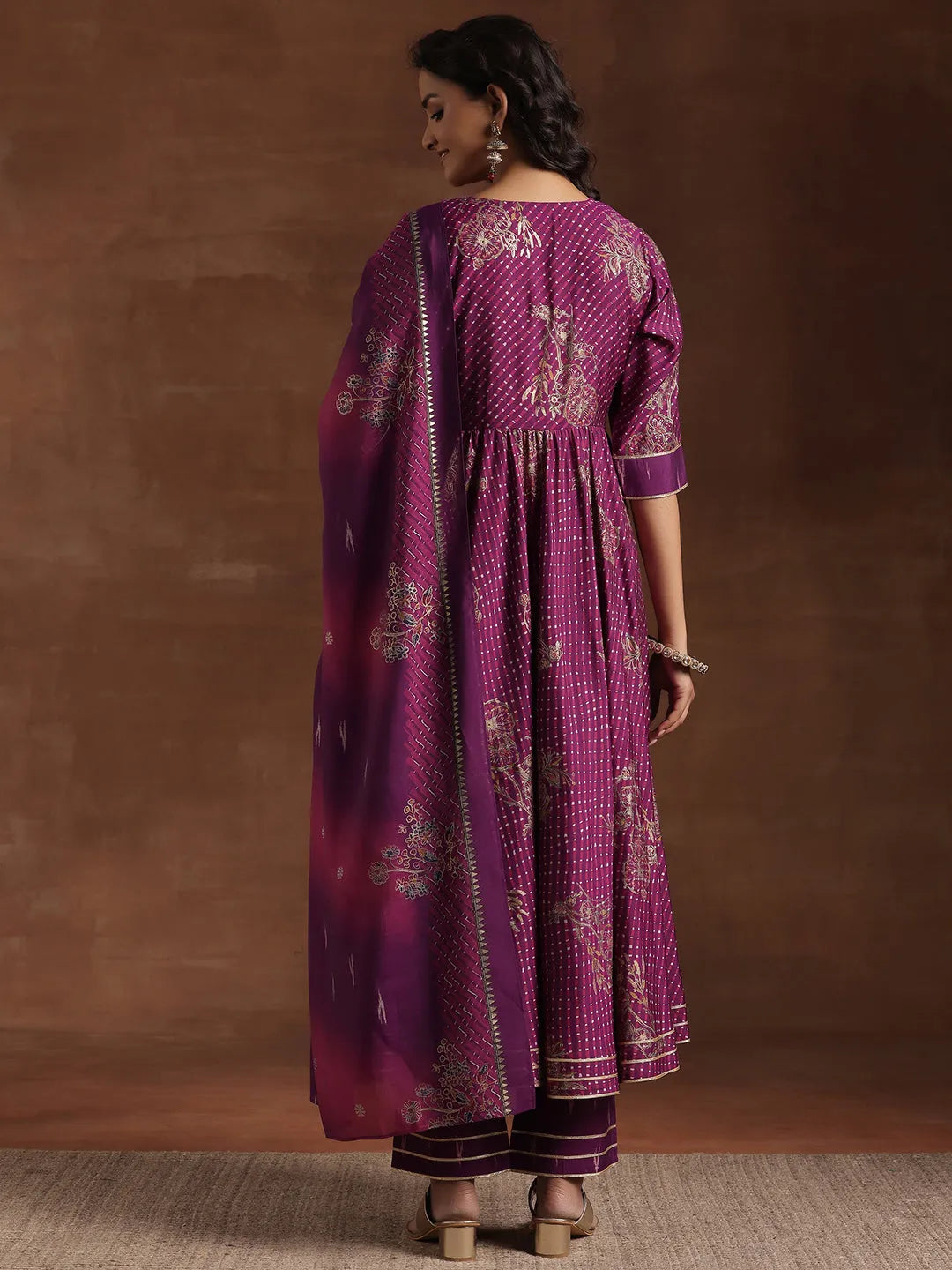  Purple Printed Silk Blend Anarkali Suit With Dupatta 