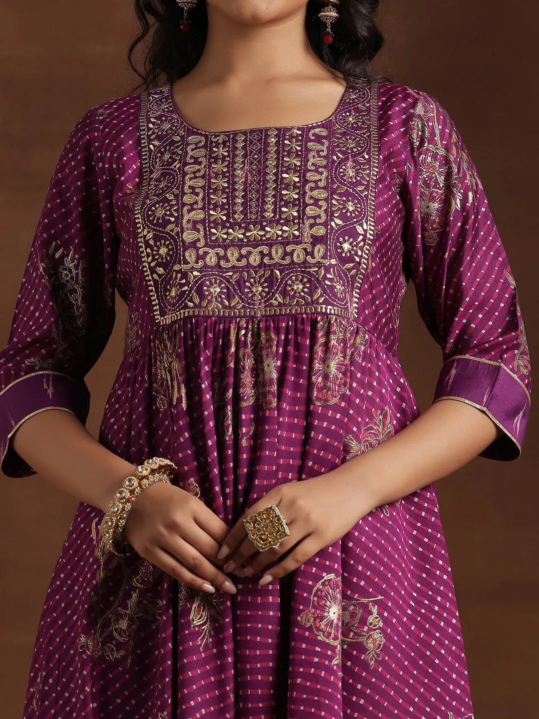  Purple Printed Silk Blend Anarkali Suit With Dupatta 
