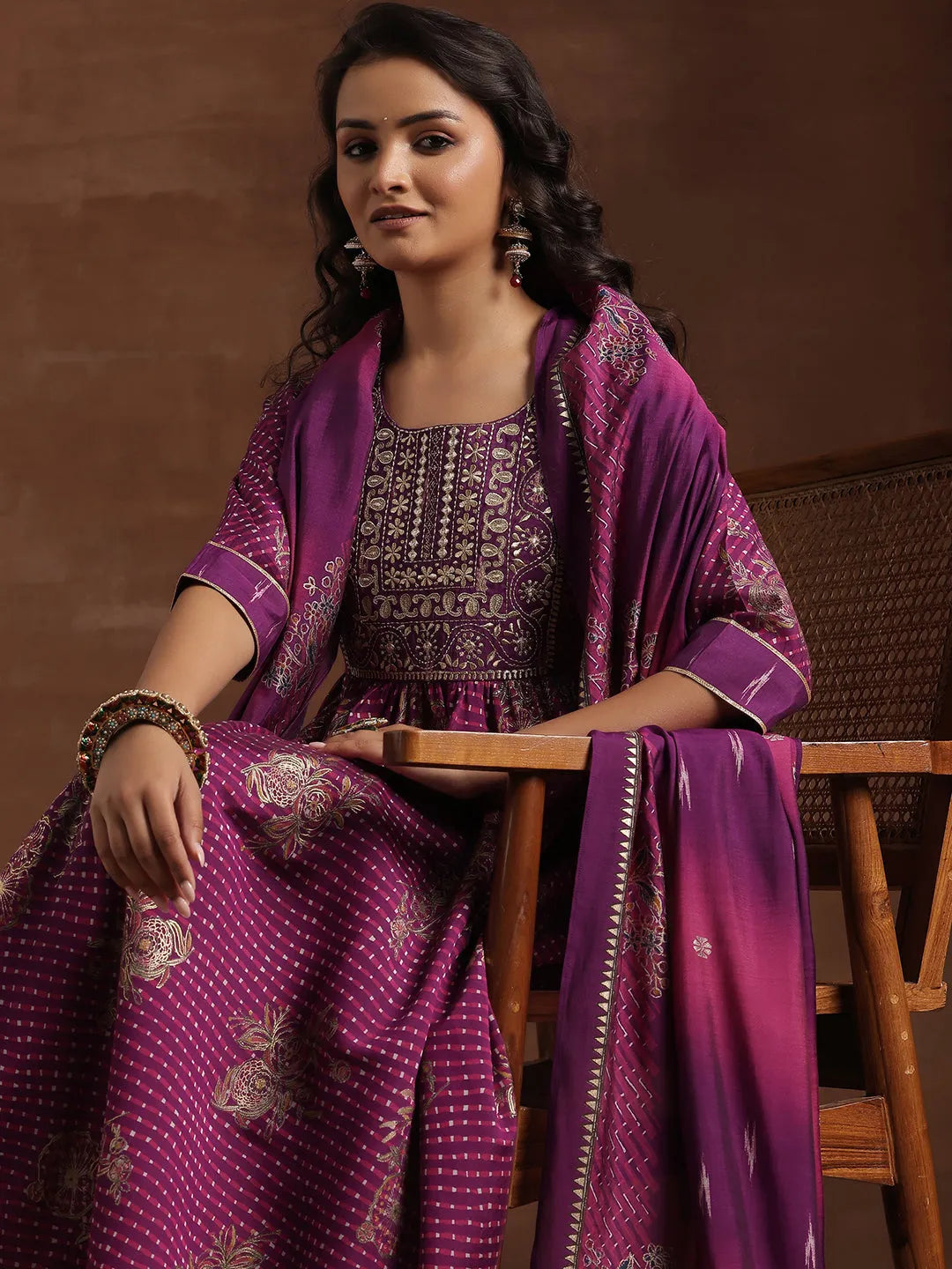  Purple Printed Silk Blend Anarkali Suit With Dupatta 