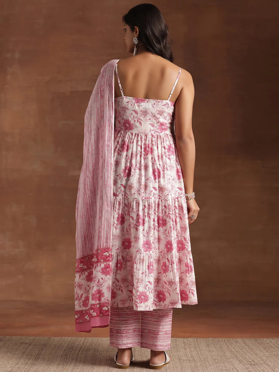  Pink Printed Cotton Anarkali Suit With Dupatta 