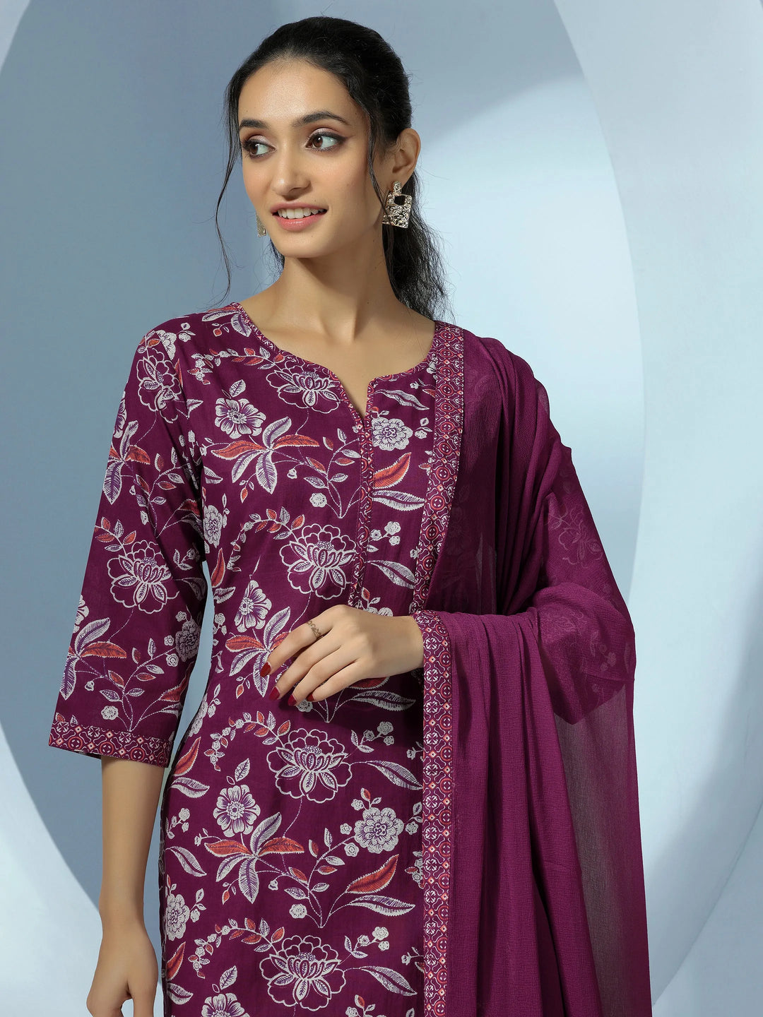  Wine Printed Cotton Straight Suit With Dupatta 