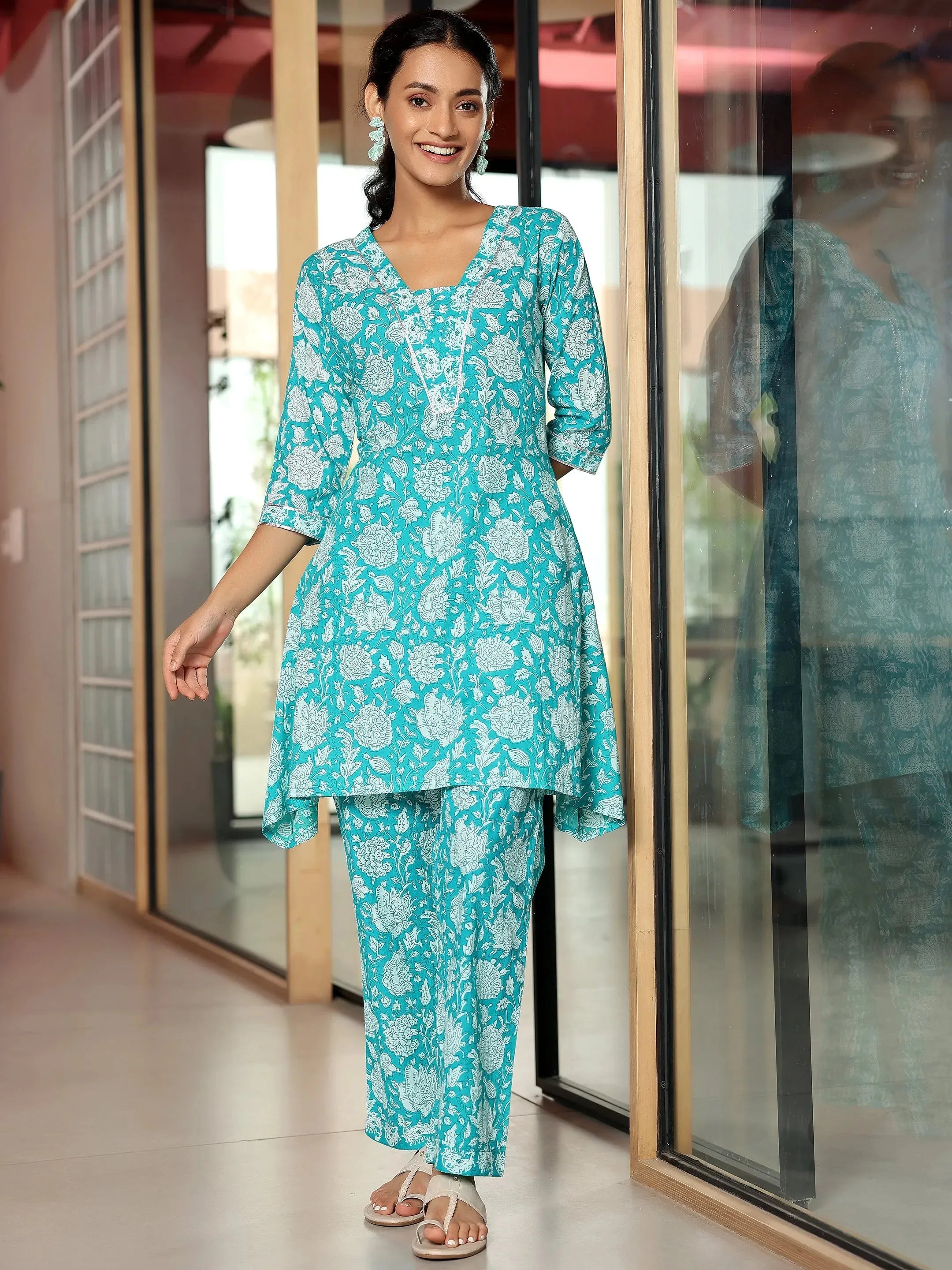 libas Blue Printed Cotton A-Line Kurta With Trousers-picture-20