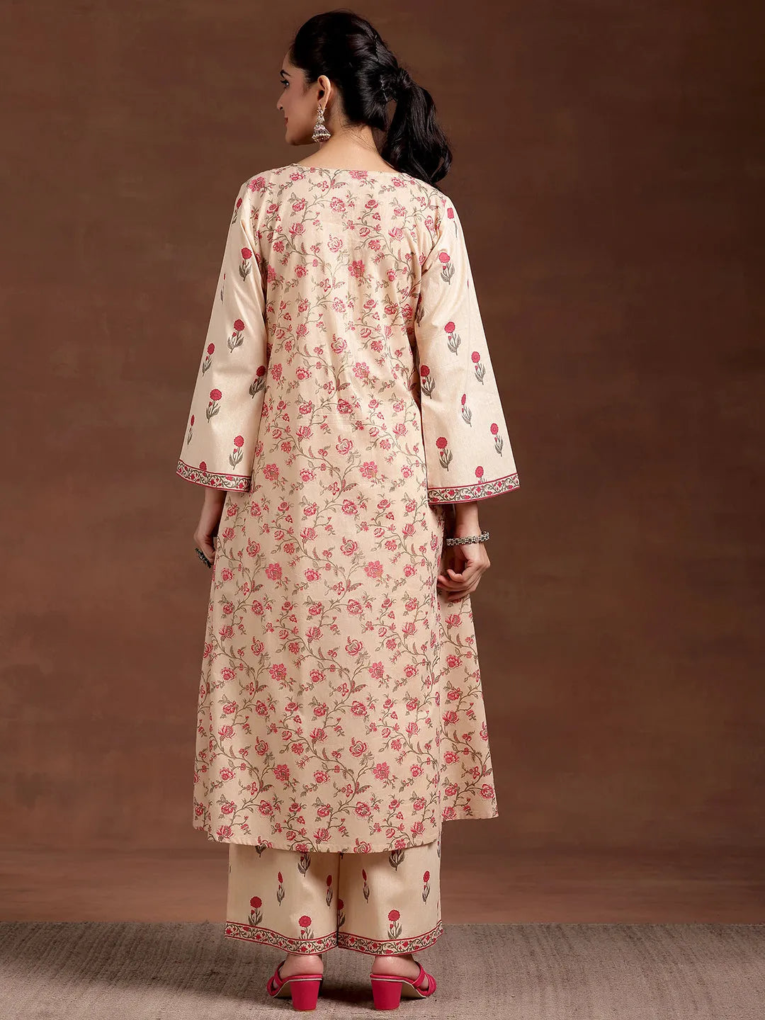  Beige Printed Cotton A-Line Kurta With Palazzos 