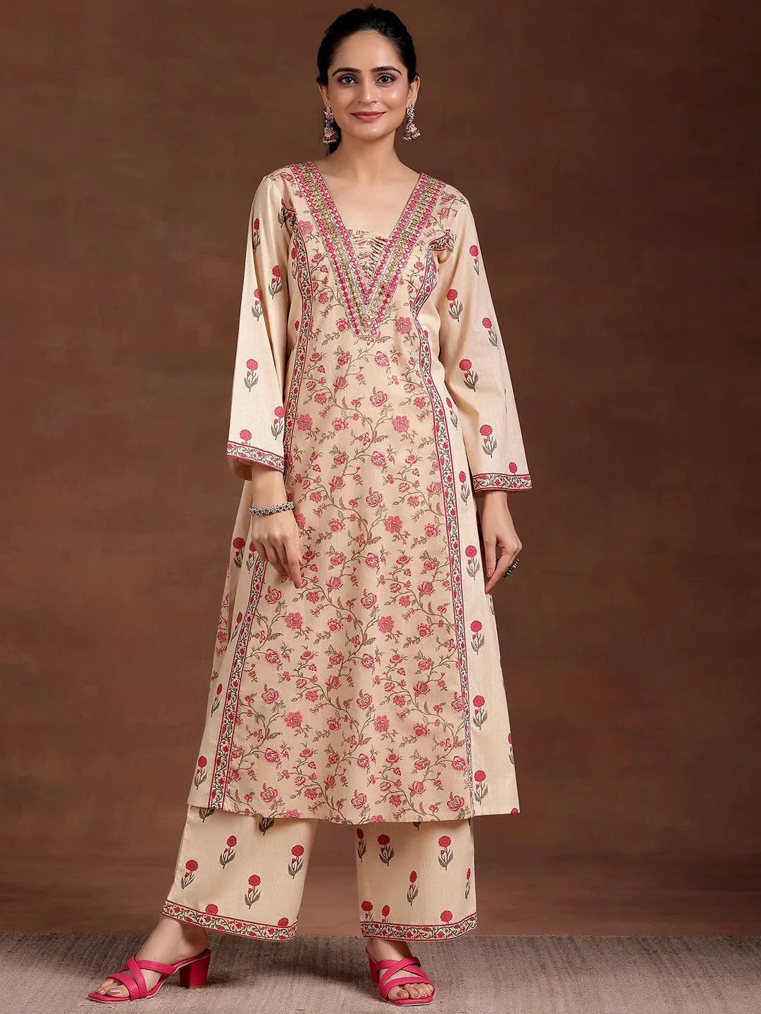  Beige Printed Cotton A-Line Kurta With Palazzos 