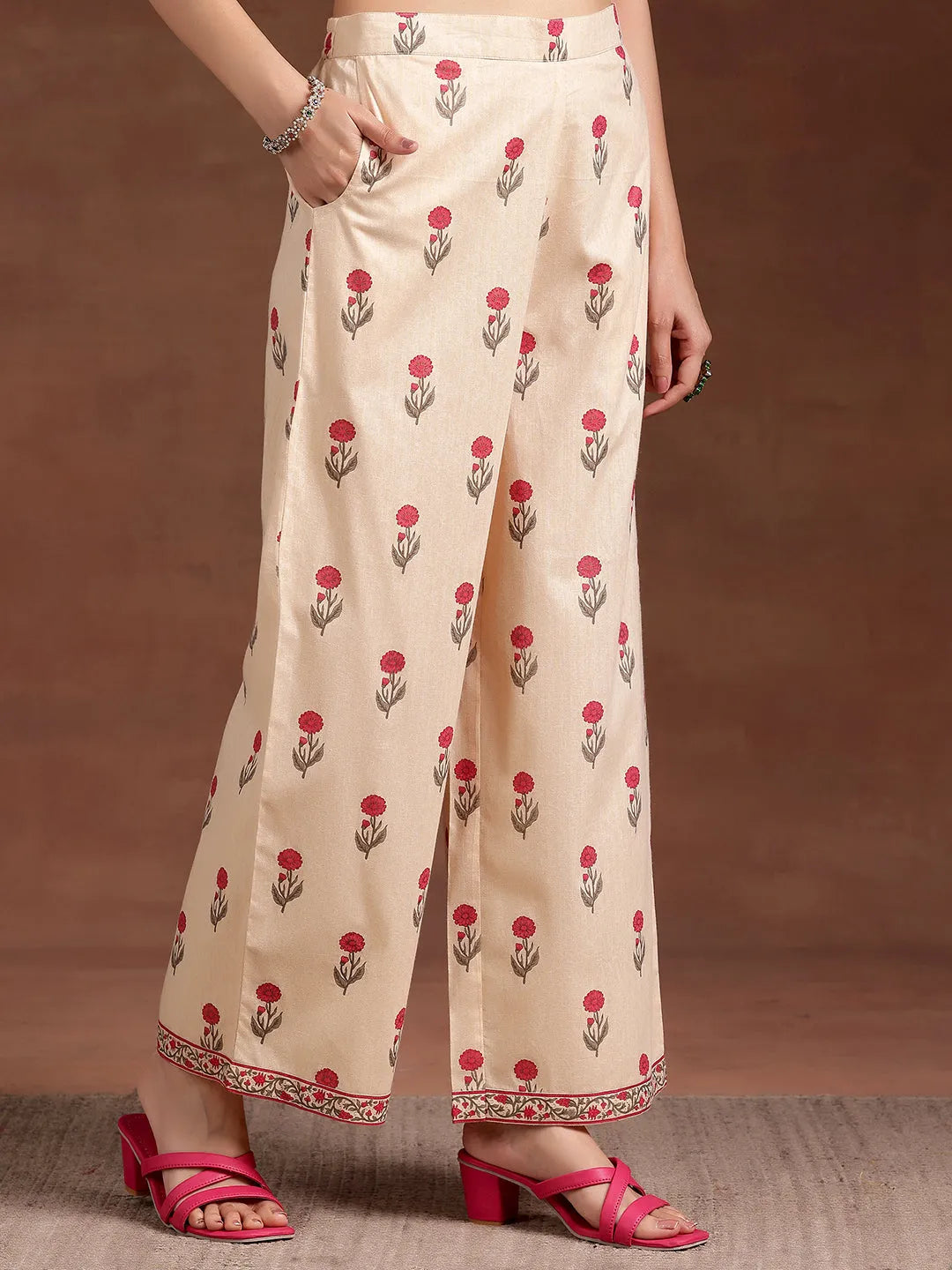  Beige Printed Cotton A-Line Kurta With Palazzos 