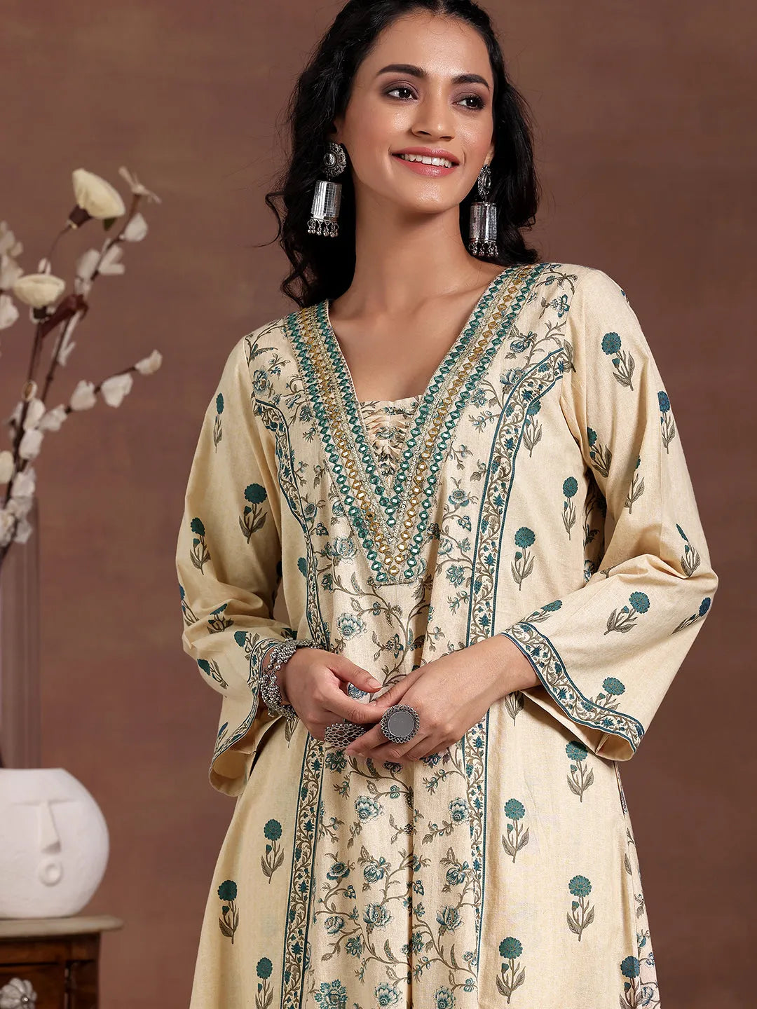  Beige Printed Cotton A-Line Kurta With Palazzos 