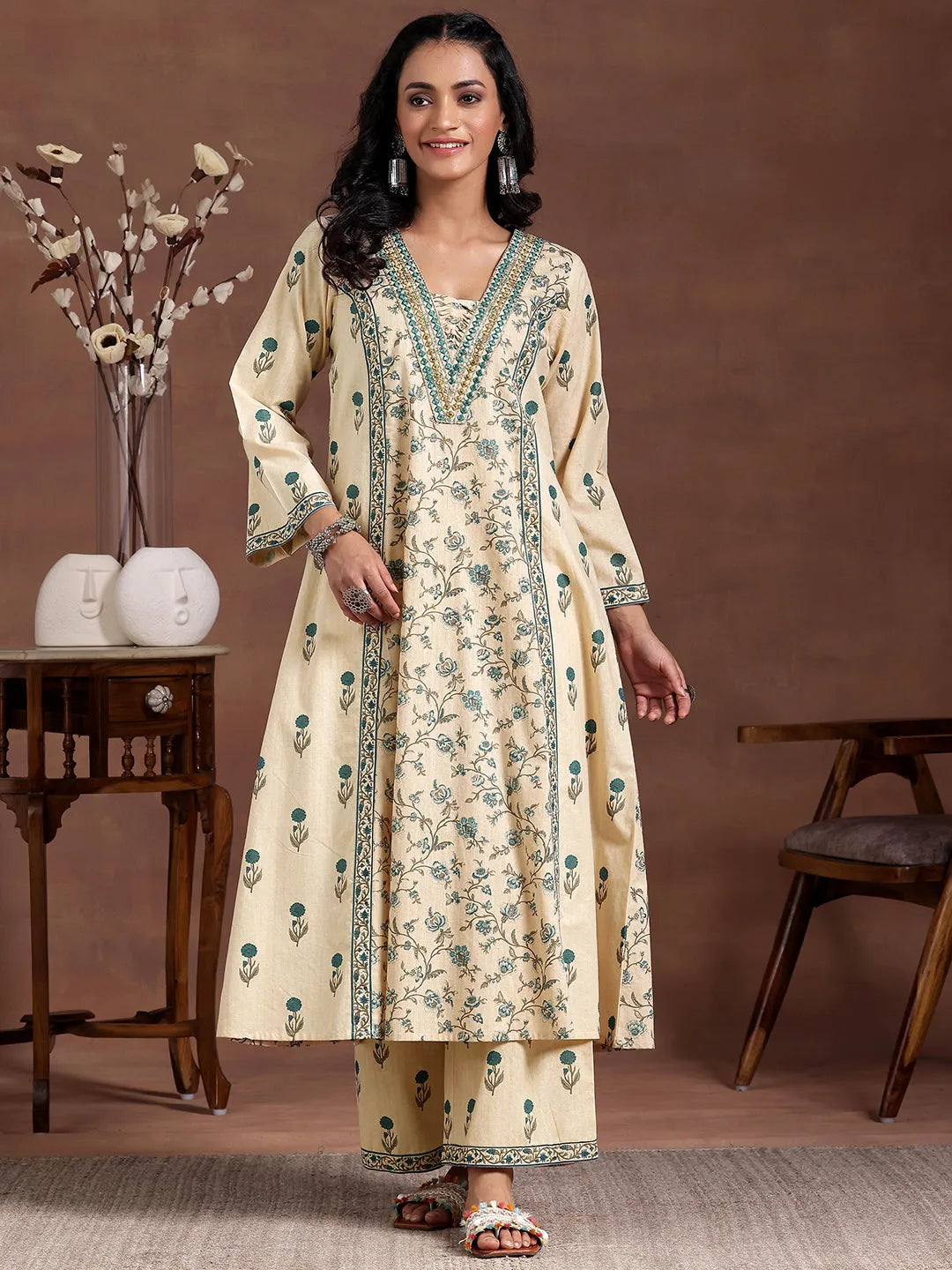  Beige Printed Cotton A-Line Kurta With Palazzos 