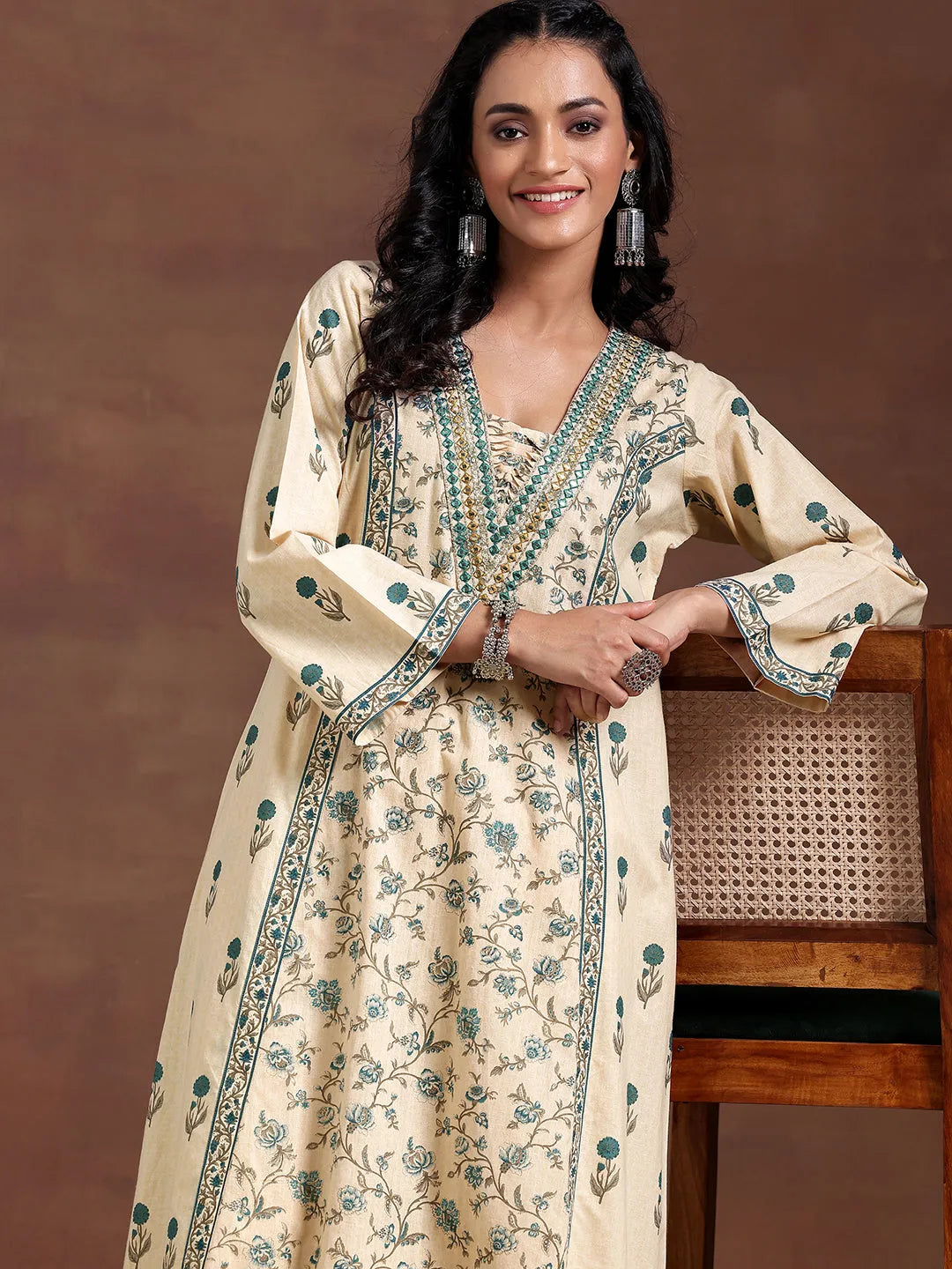  Beige Printed Cotton A-Line Kurta With Palazzos 
