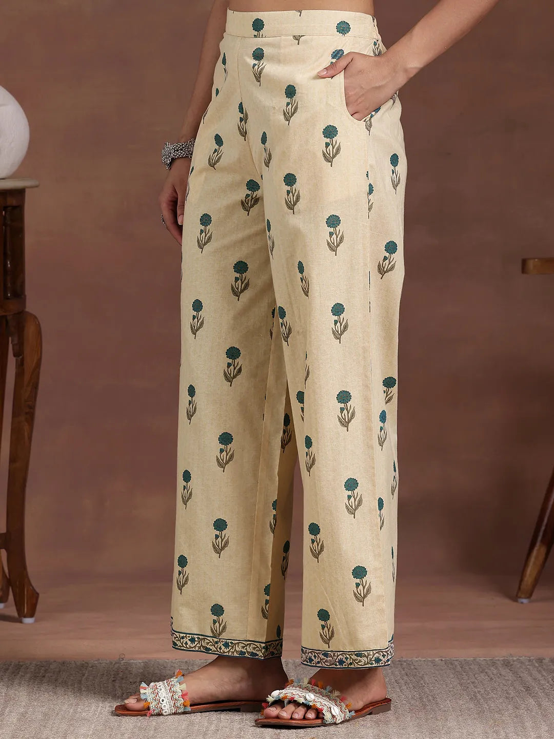  Beige Printed Cotton A-Line Kurta With Palazzos 