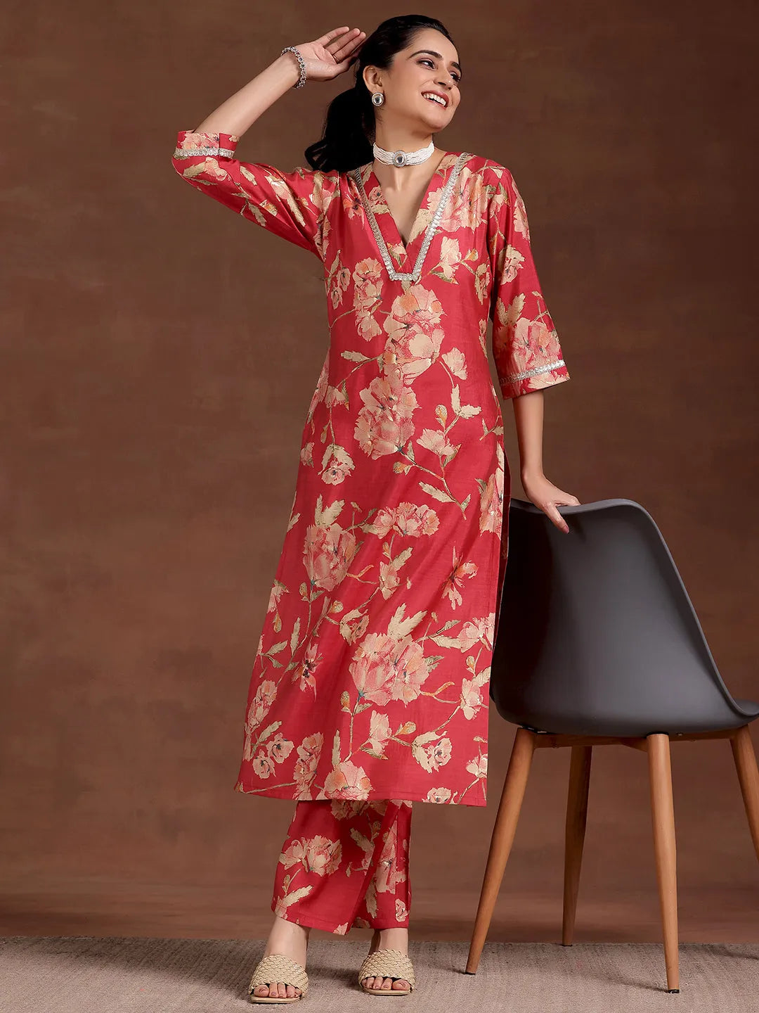 Red Printed Silk Blend Straight Kurta Set-image-41