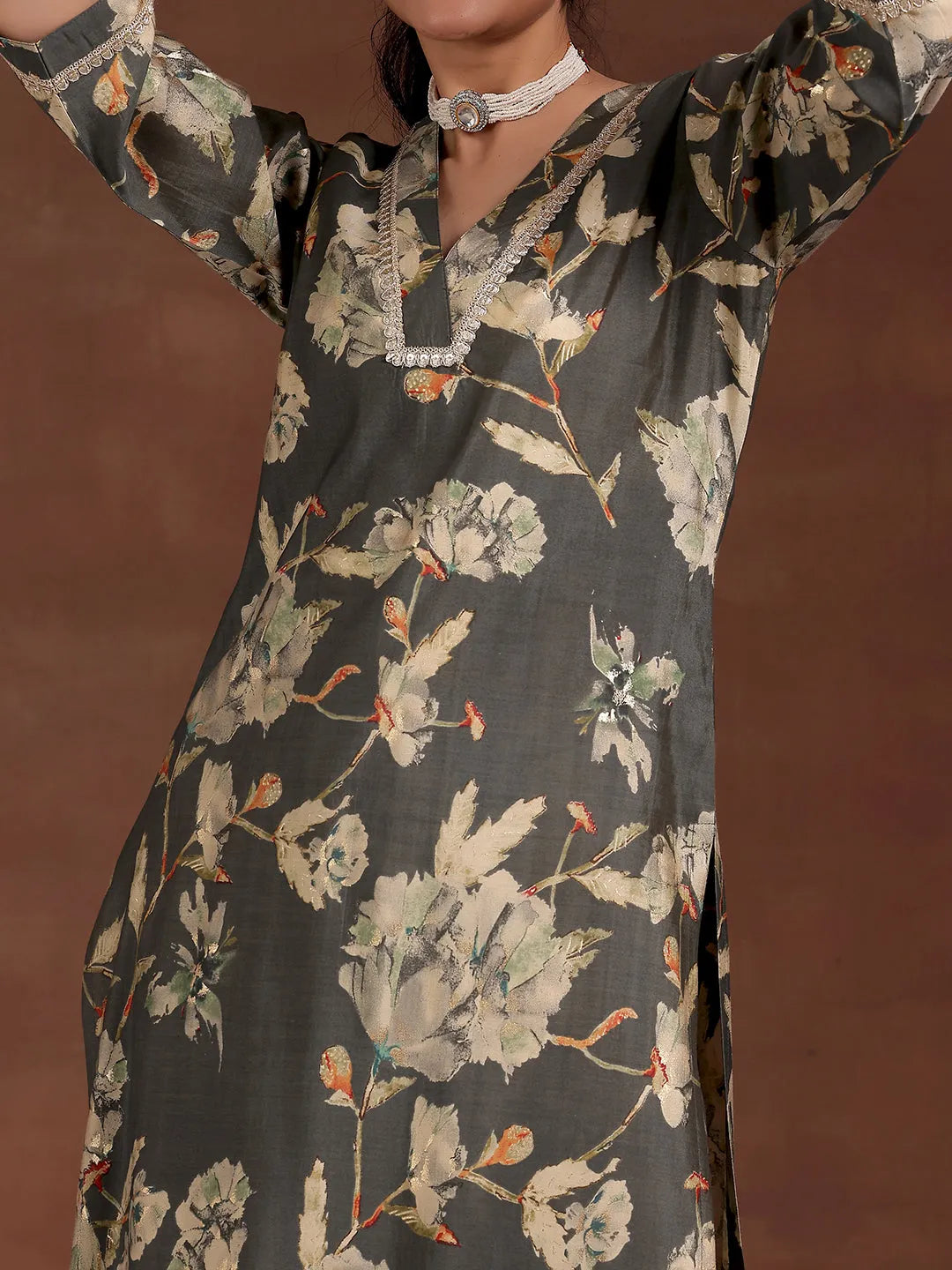  Grey Printed Silk Blend Straight Kurta Set 