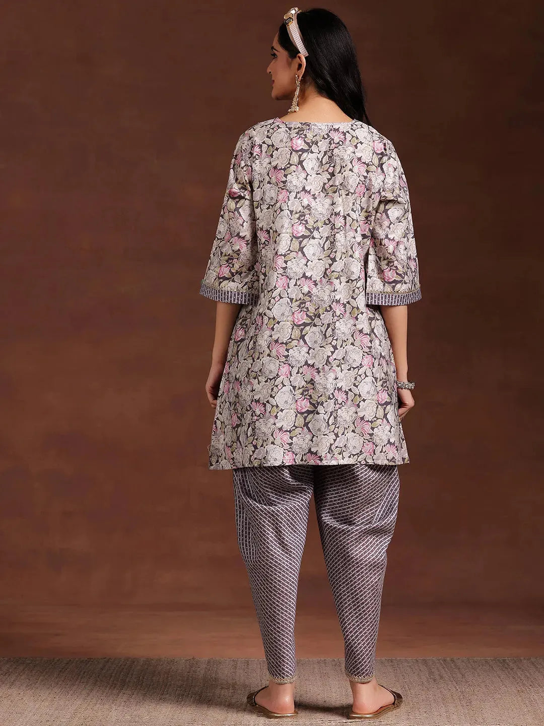  Grey Printed Silk Blend A-Line Kurta With Dhoti Pants 