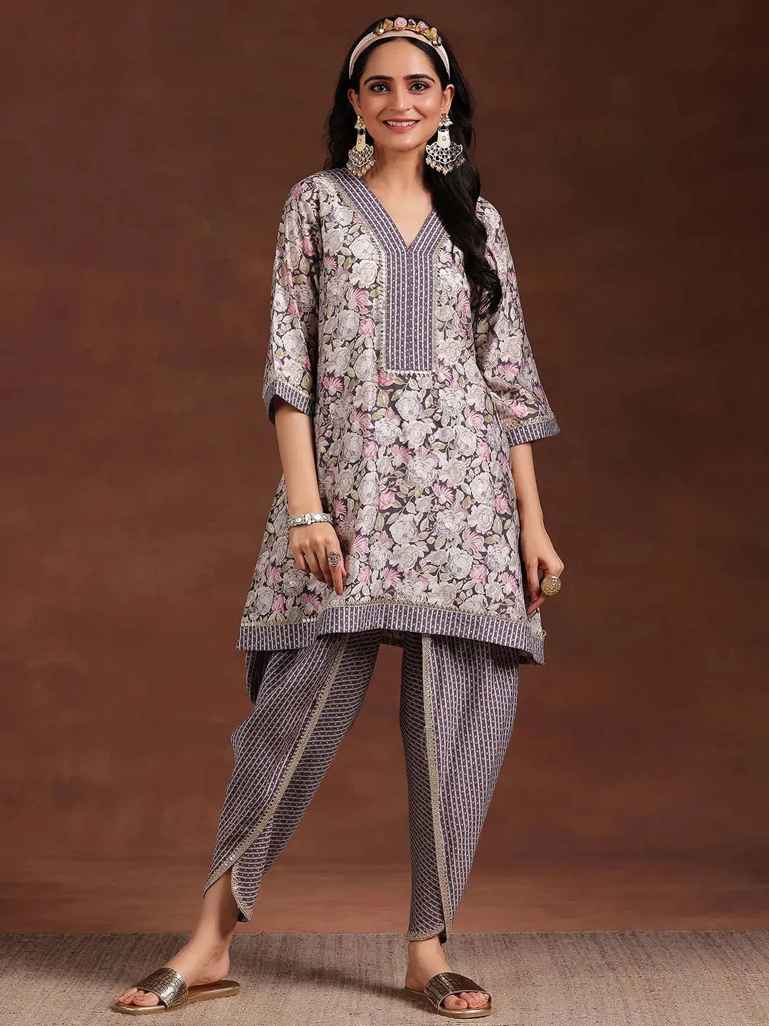  Grey Printed Silk Blend A-Line Kurta With Dhoti Pants 