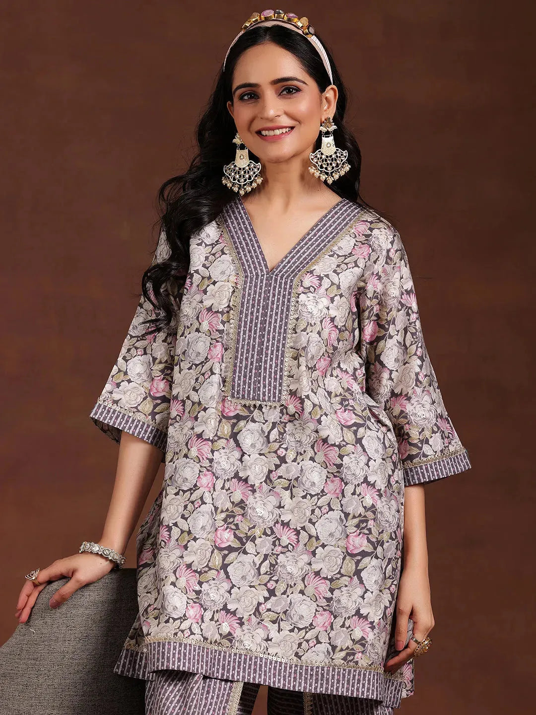  Grey Printed Silk Blend A-Line Kurta With Dhoti Pants 