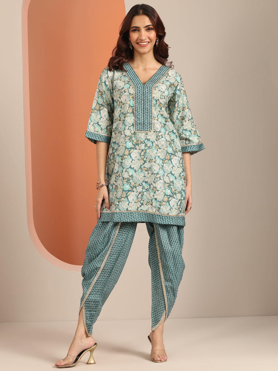 Blue Printed Silk Blend A-Line Kurta With Dhoti Pants