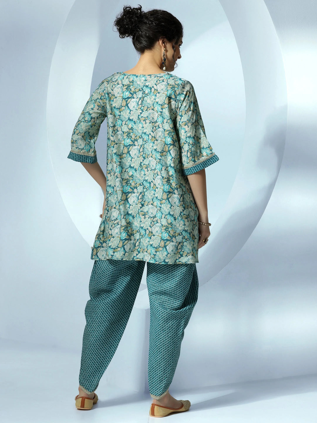  Blue Printed Silk Blend A-Line Kurta With Dhoti Pants 
