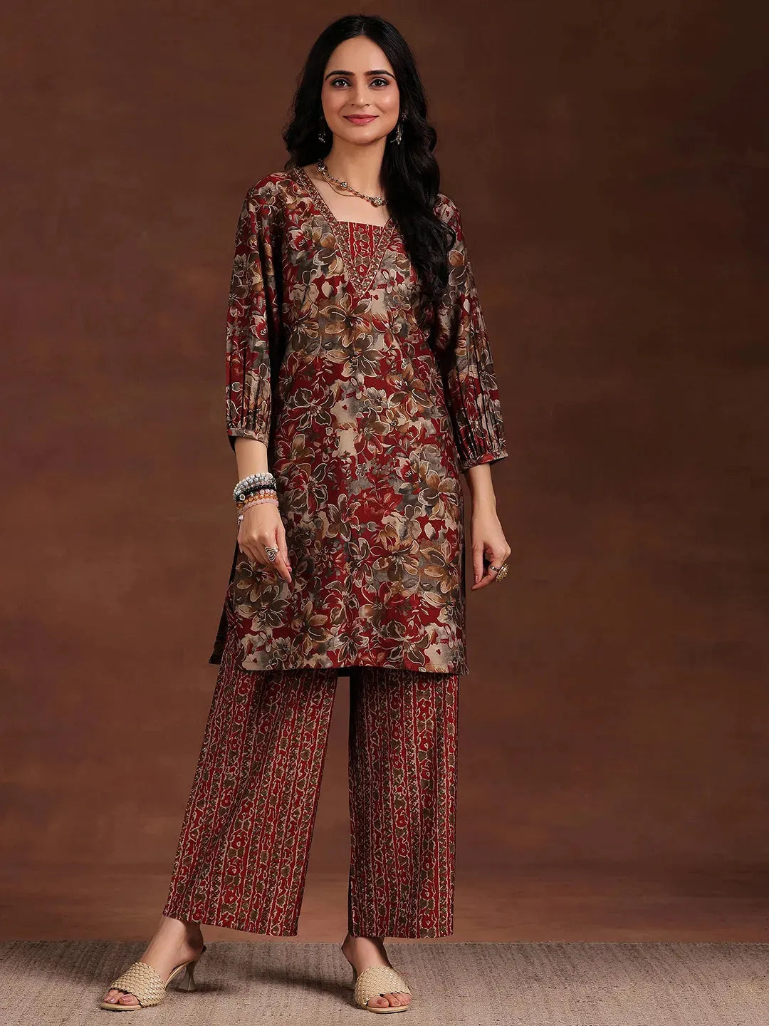  Maroon Printed Silk Blend Straight Kurta Set 