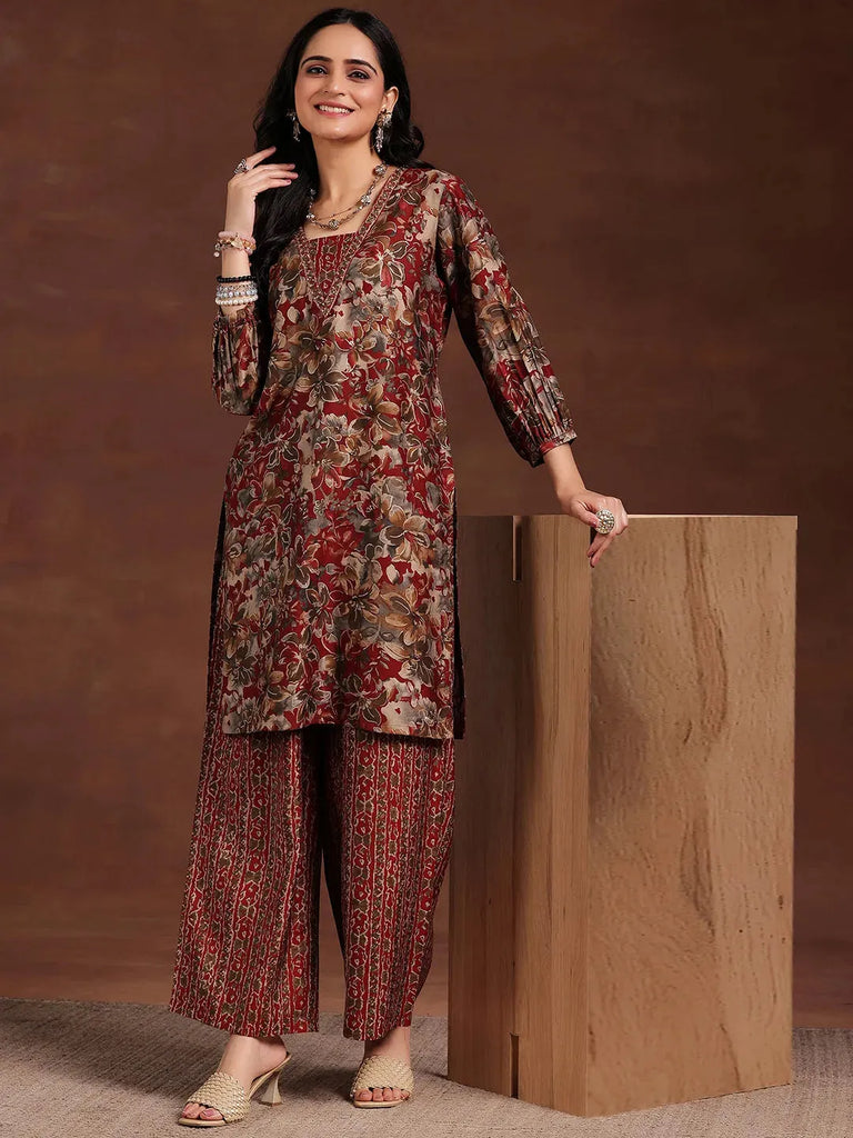 Libas Maroon Printed Silk Blend Straight Kurta Set