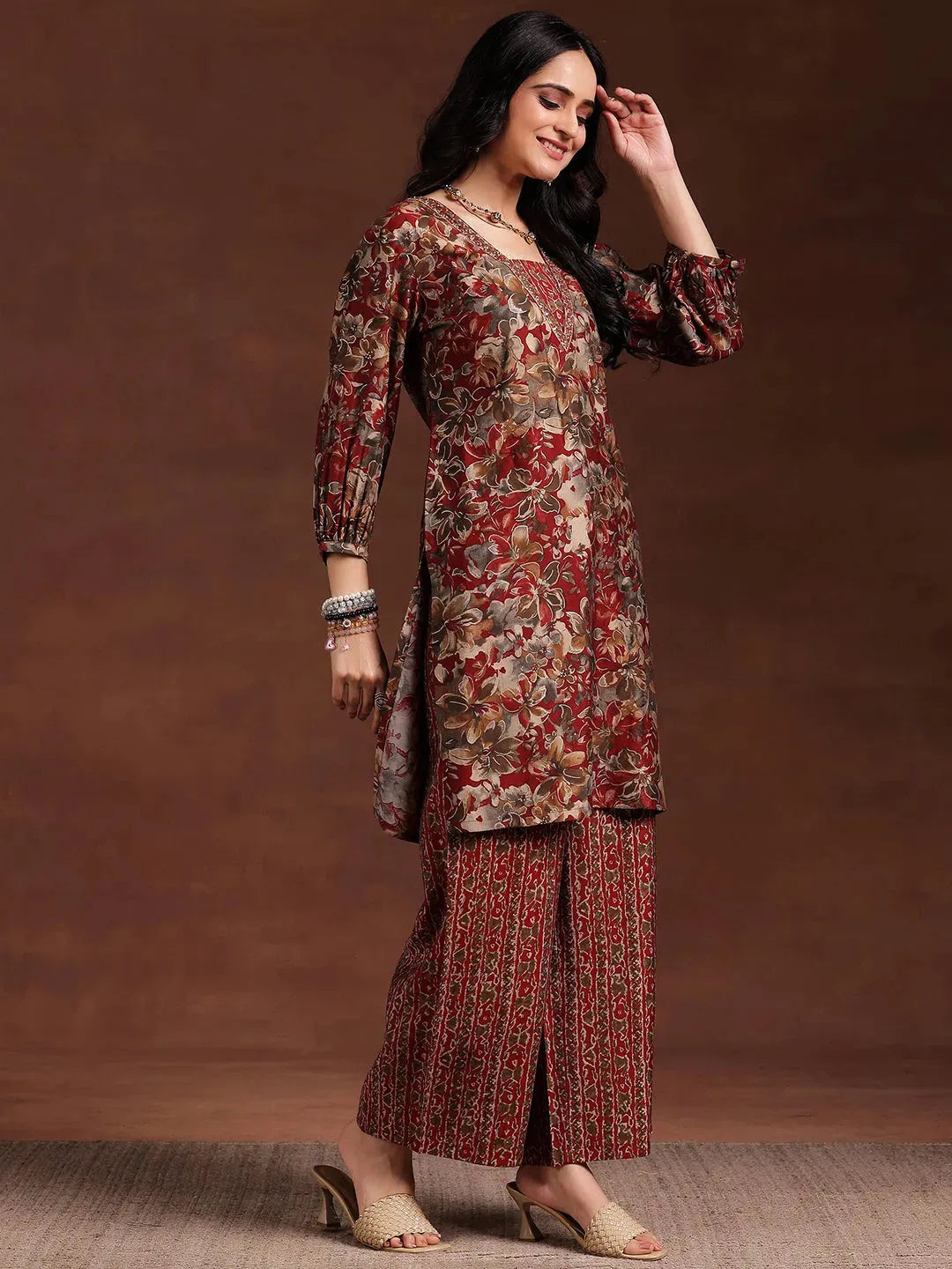  Maroon Printed Silk Blend Straight Kurta Set 