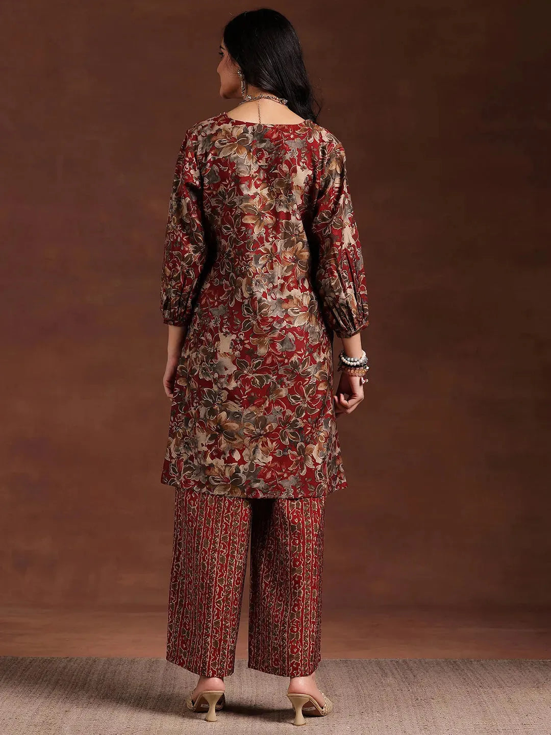  Maroon Printed Silk Blend Straight Kurta Set 