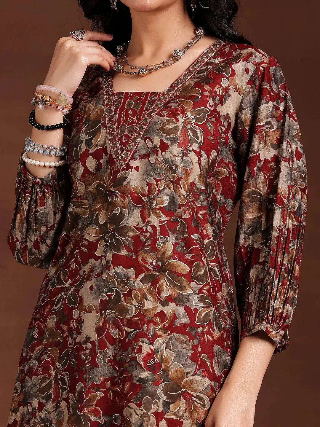  Maroon Printed Silk Blend Straight Kurta Set 
