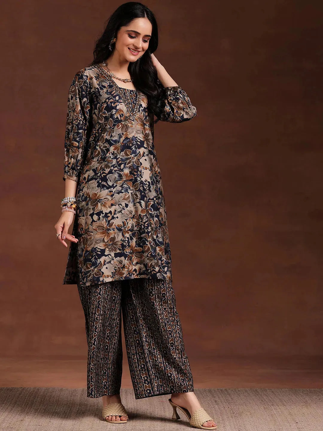 Blue Printed Silk Blend Straight Kurta Set 