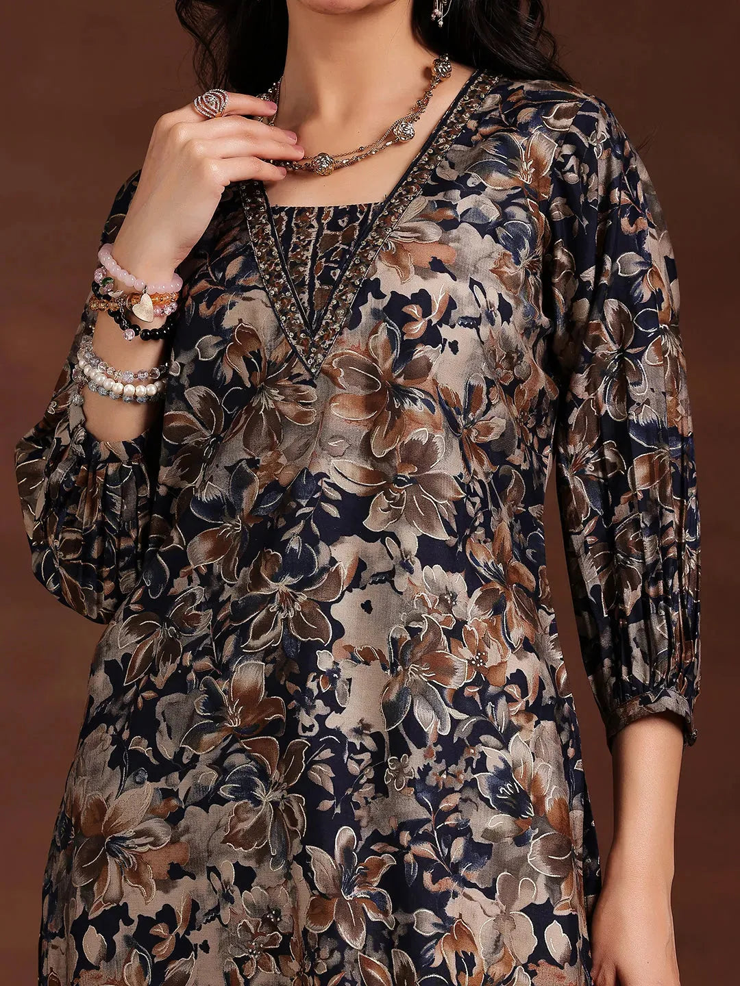  Blue Printed Silk Blend Straight Kurta Set 