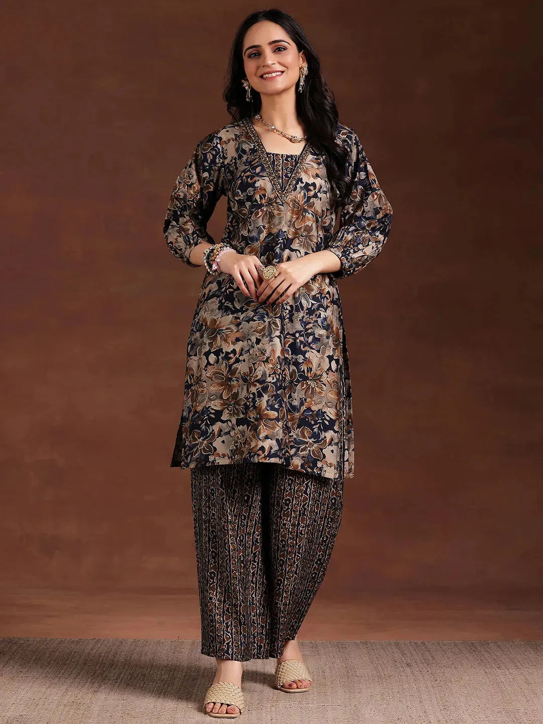  Blue Printed Silk Blend Straight Kurta Set 
