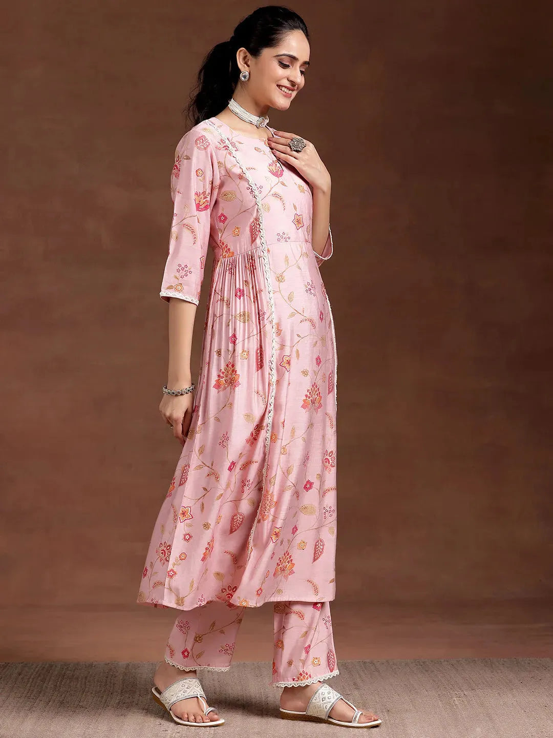  Pink Printed Silk Blend A-Line Kurta With Trousers 