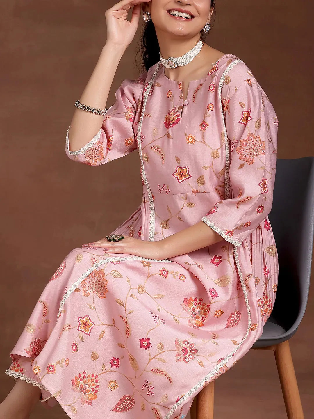  Pink Printed Silk Blend A-Line Kurta With Trousers 