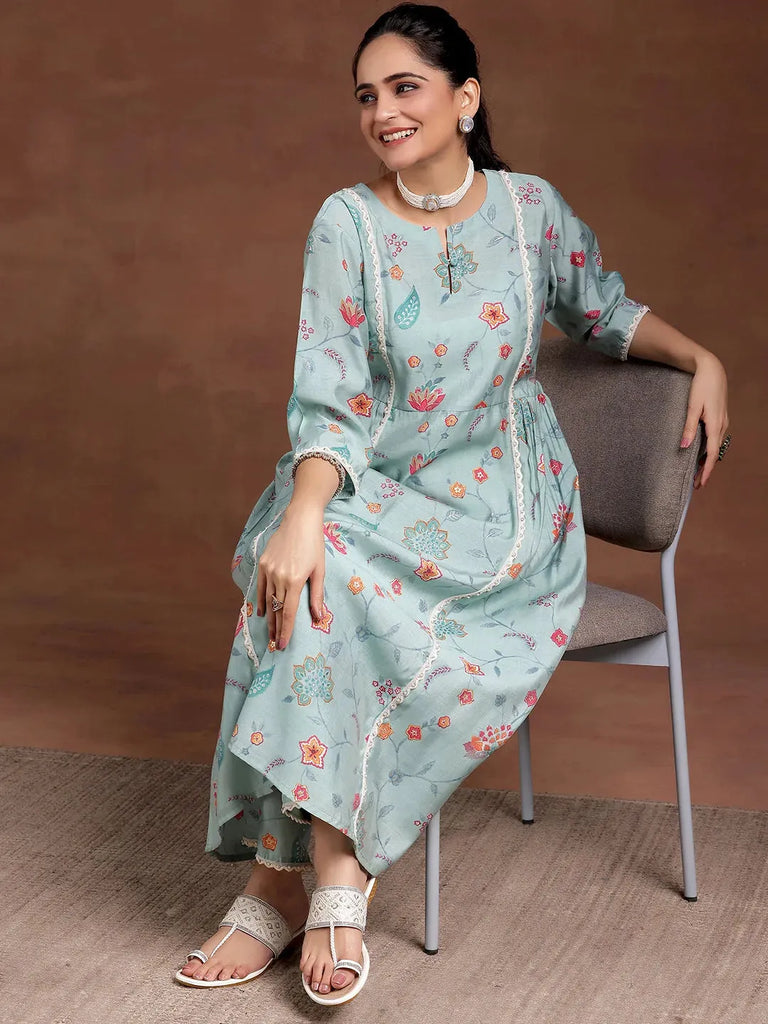 Gerua Blue Printed Silk Blend A-Line Kurta With Trousers