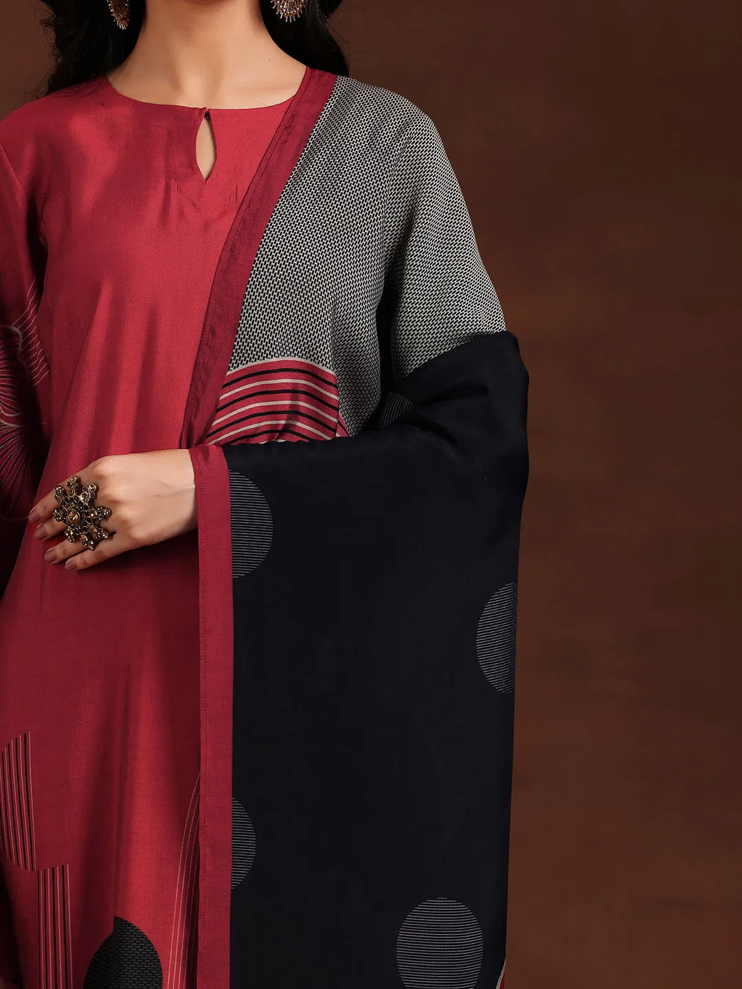 Maroon Printed Silk Blend Straight Suit With Dupatta 