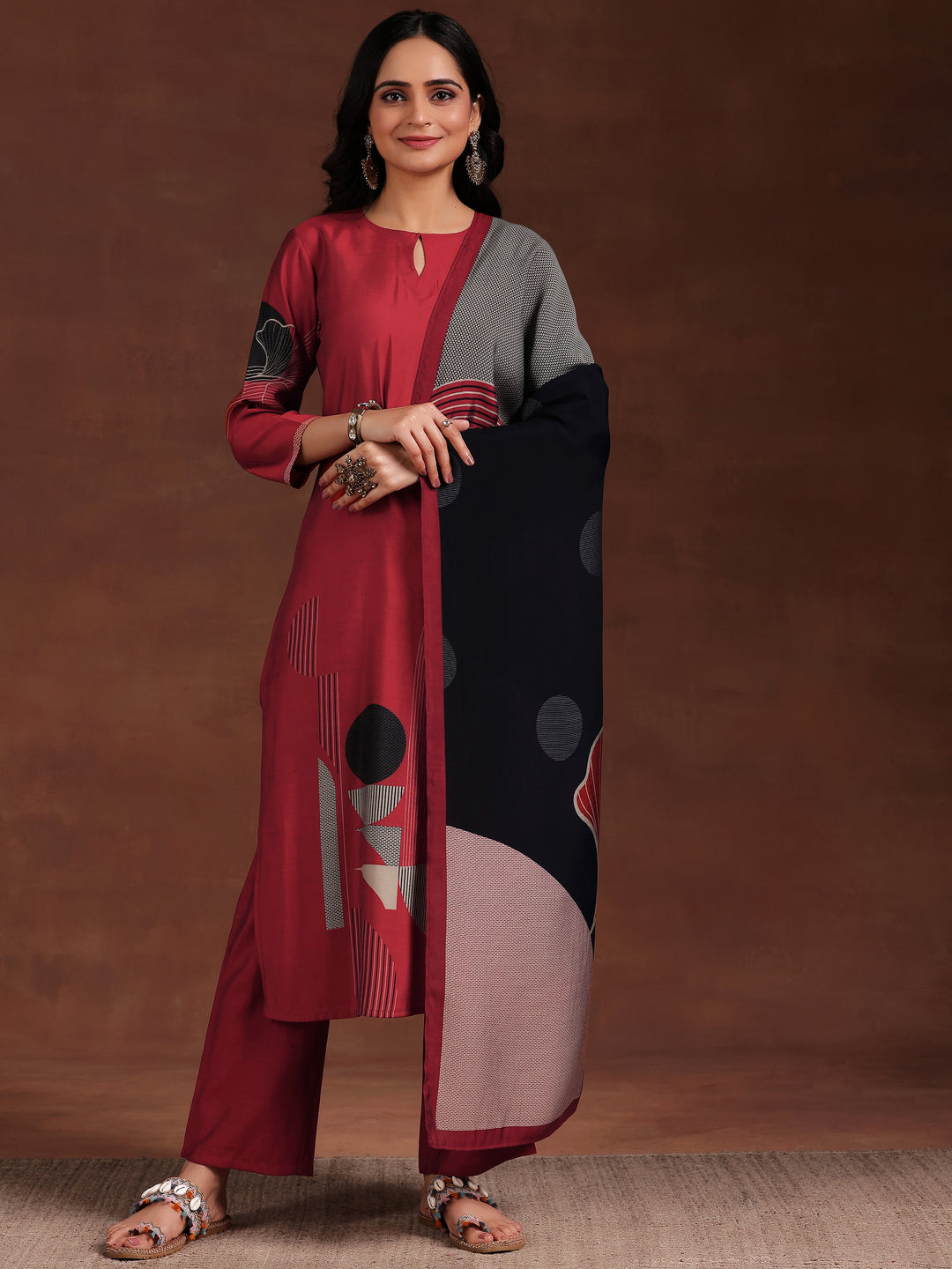 Maroon Printed Silk Blend Straight Suit With Dupatta