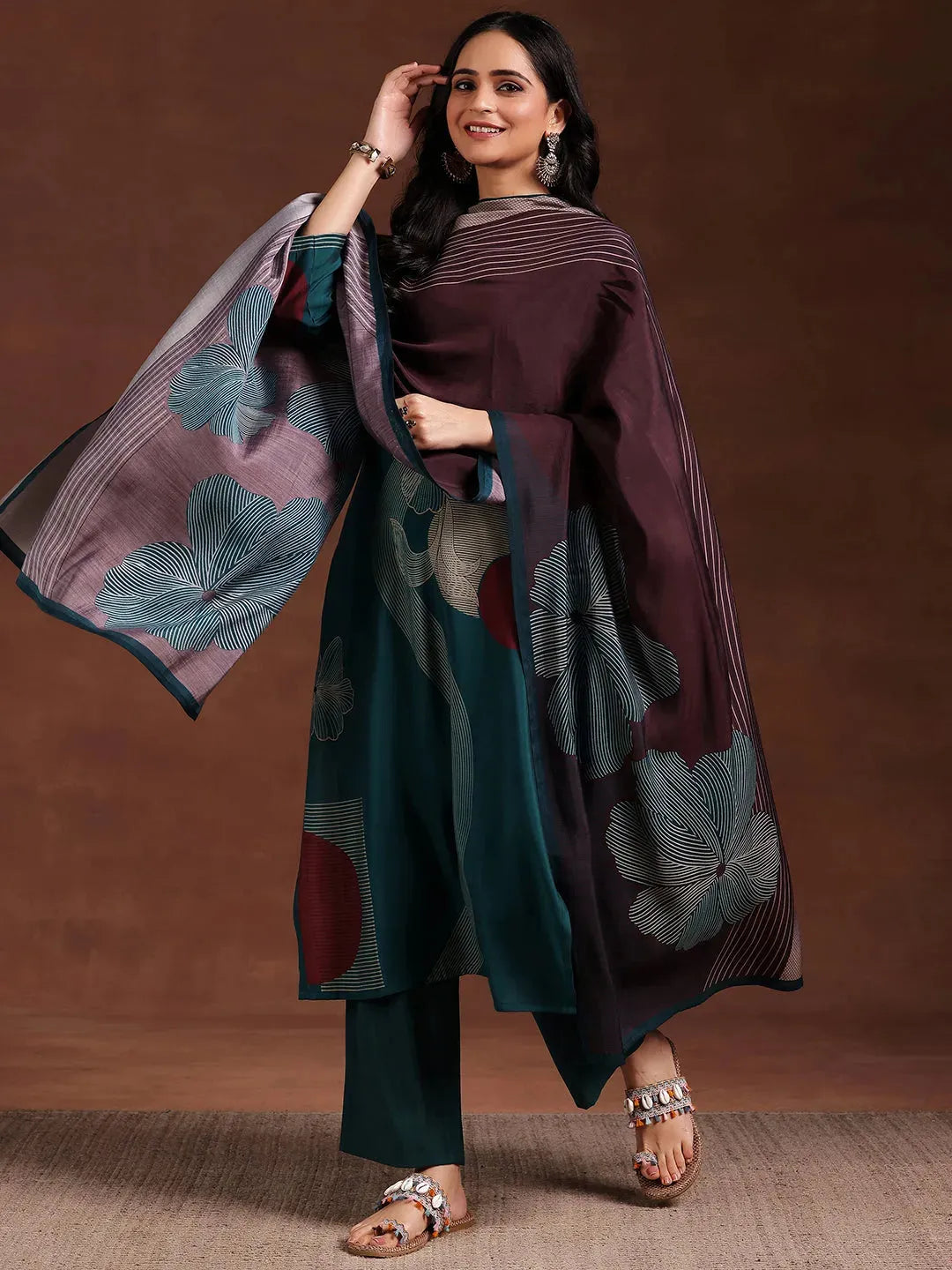 Teal Printed Silk Blend Straight Suit With Dupatta-image-27