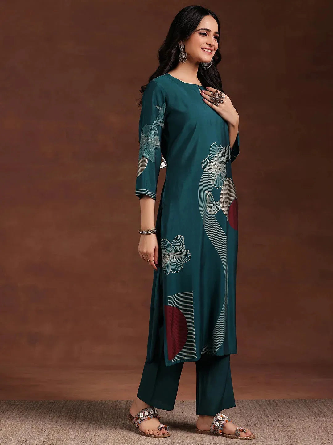  Teal Printed Silk Blend Straight Suit With Dupatta 
