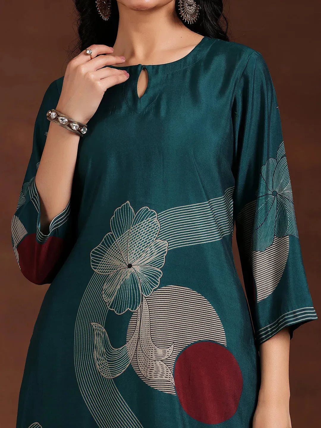  Teal Printed Silk Blend Straight Suit With Dupatta 