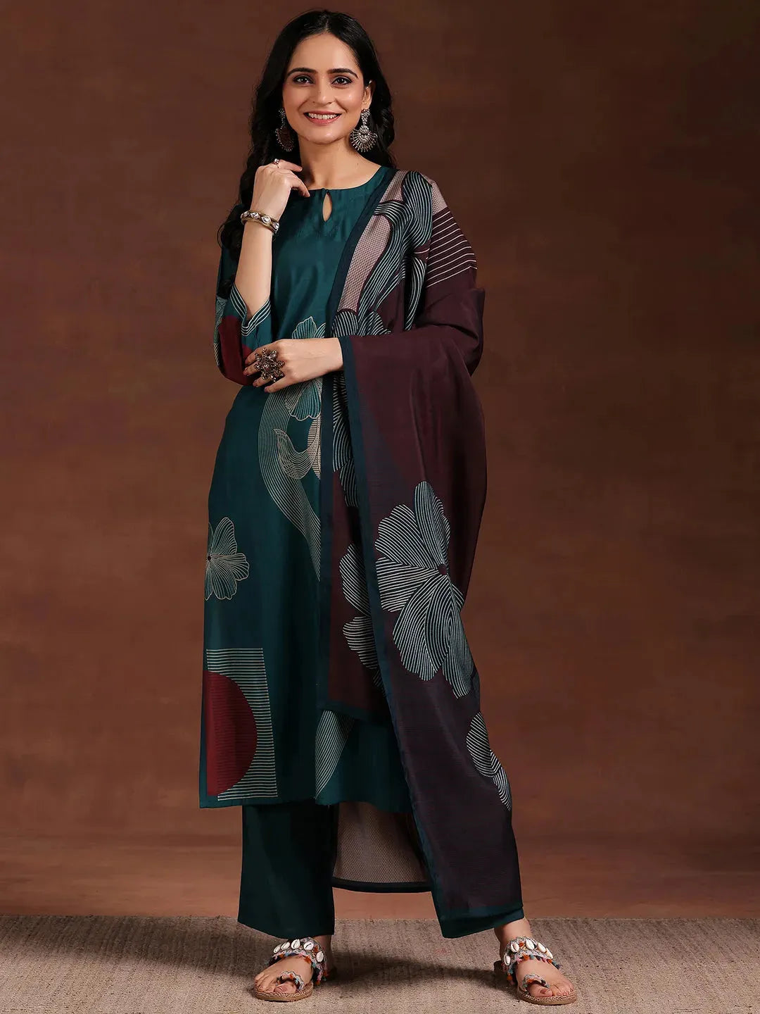  Teal Printed Silk Blend Straight Suit With Dupatta 