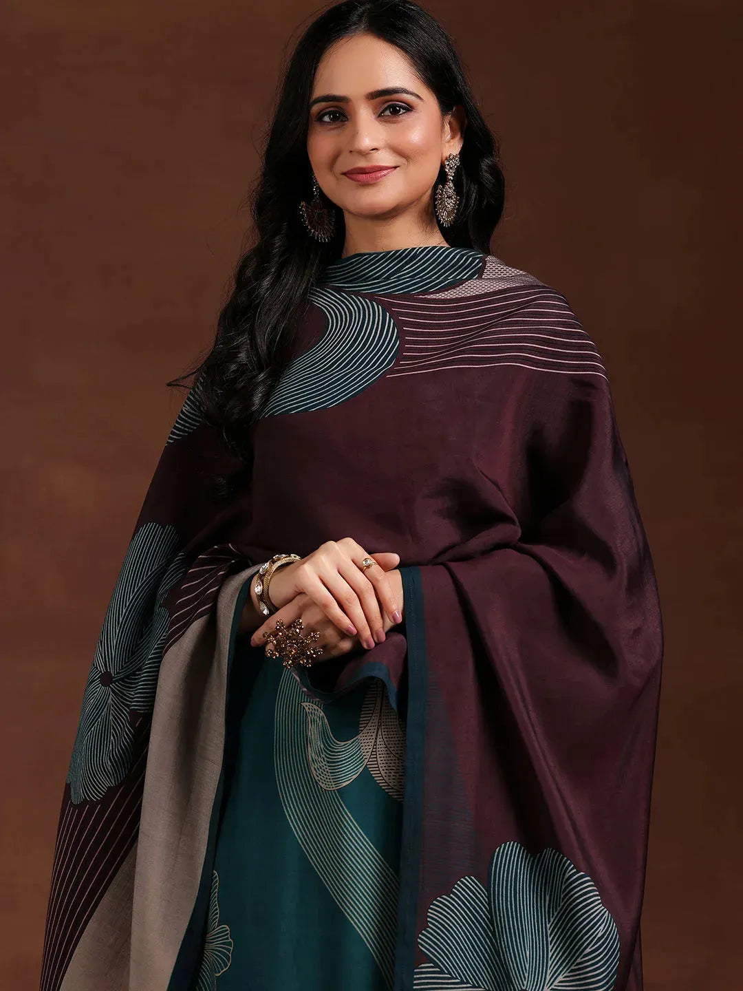  Teal Printed Silk Blend Straight Suit With Dupatta 