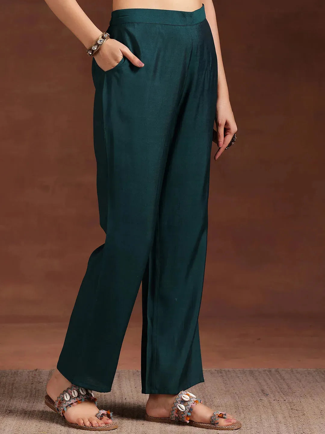  Teal Printed Silk Blend Straight Suit With Dupatta 