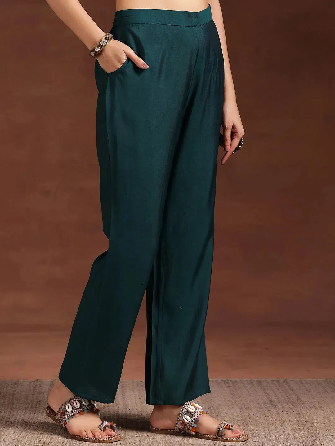  Teal Printed Silk Blend Straight Suit With Dupatta 