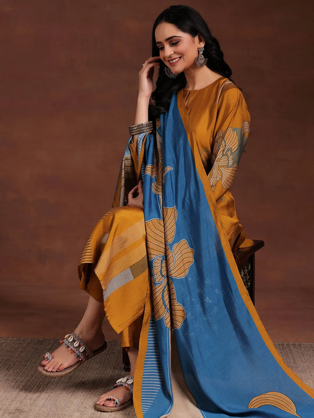 Mustard Printed Silk Blend Straight Suit With Dupatta-image-30