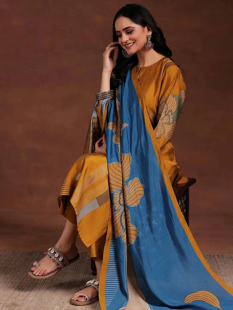 Libas Mustard Printed Cotton Blend Straight Suit With Dupatta