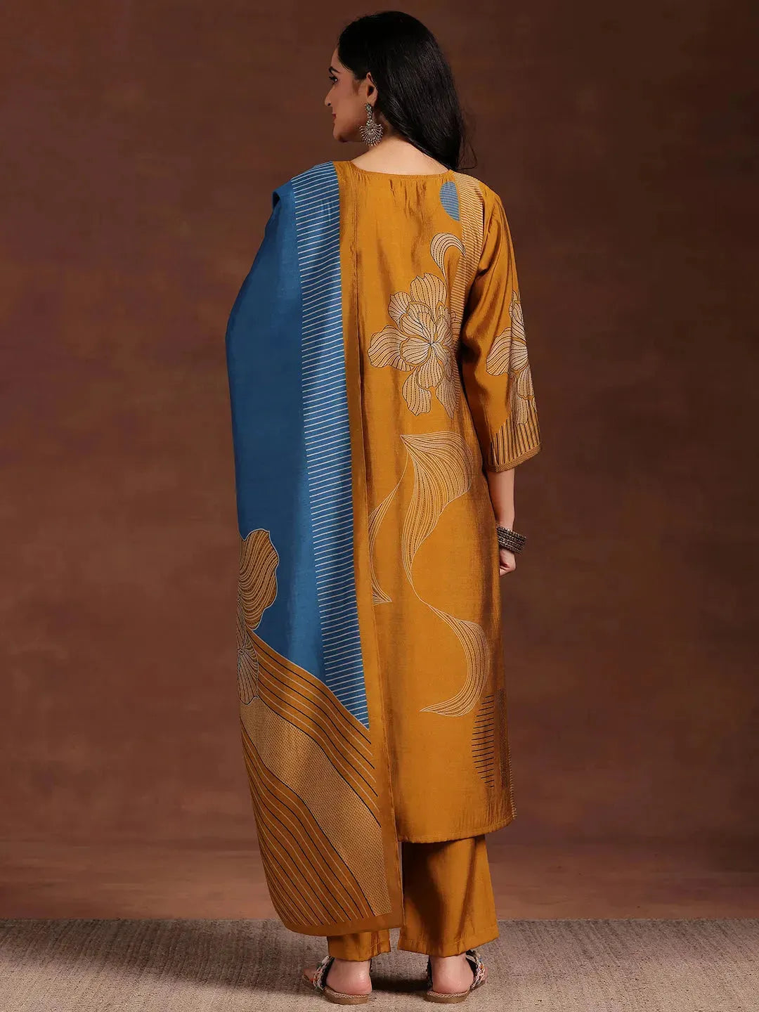  Mustard Printed Silk Blend Straight Suit With Dupatta 