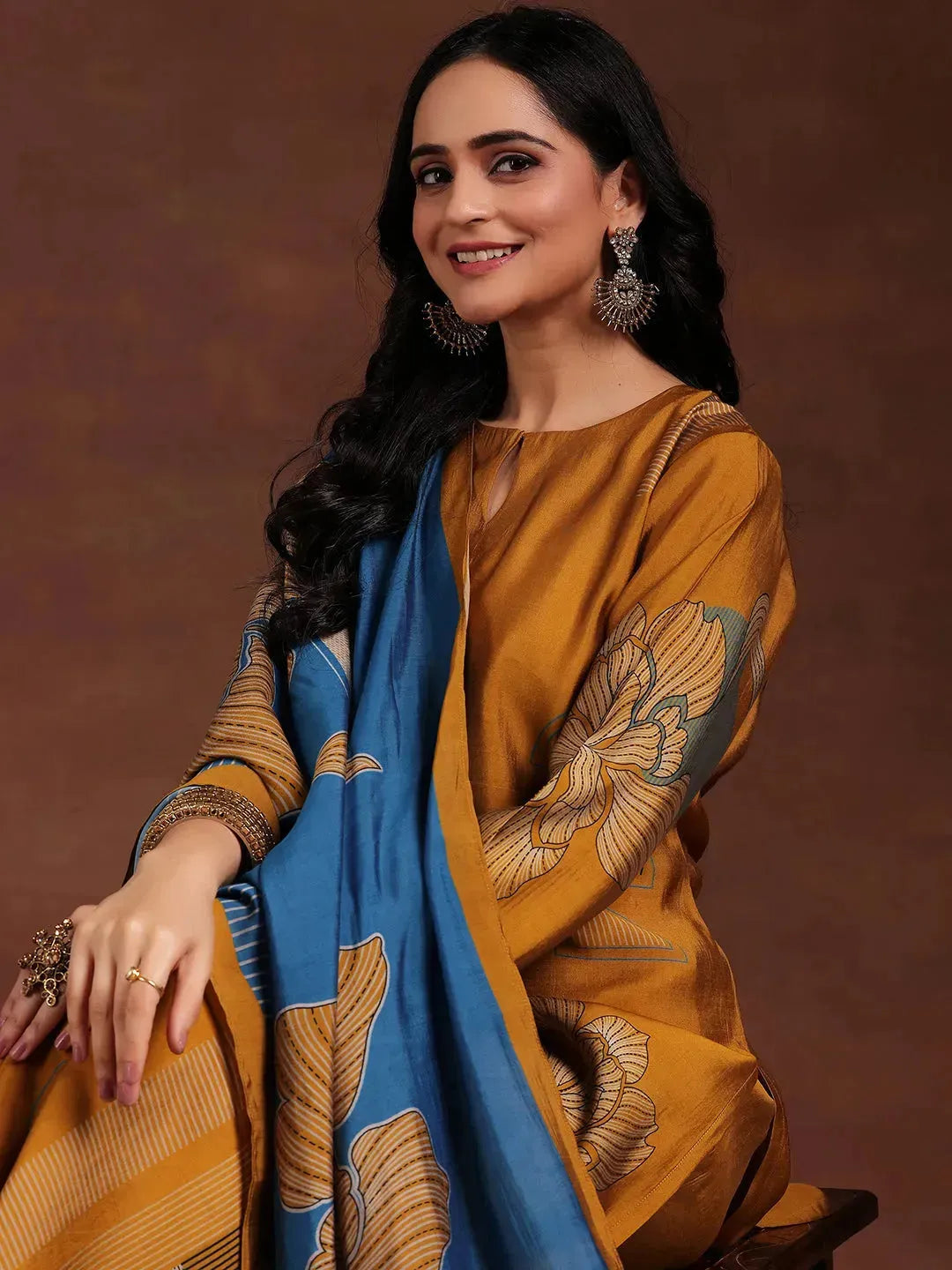 Mustard Printed Silk Blend Straight Suit With Dupatta 