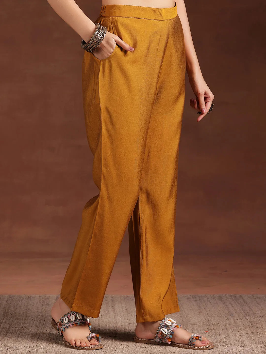  Mustard Printed Silk Blend Straight Suit With Dupatta 