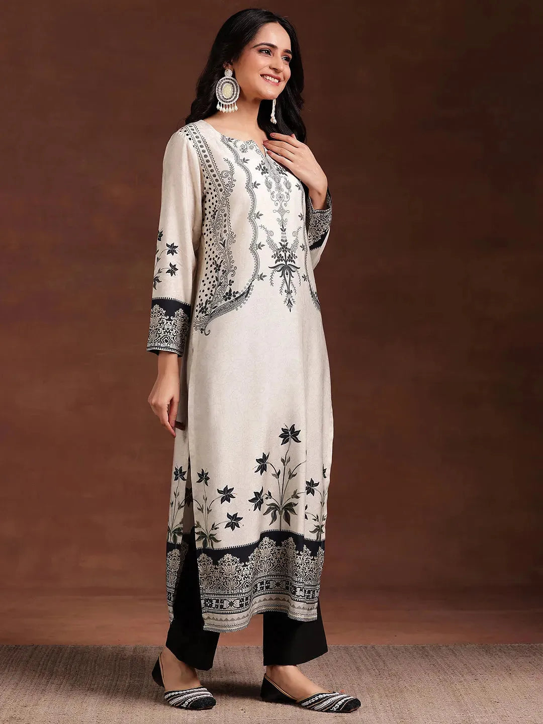  Monochrome Printed Silk Blend Straight Suit With Dupatta 